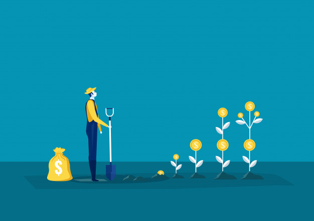 A man with a shovel and a bag of money planting a plant.